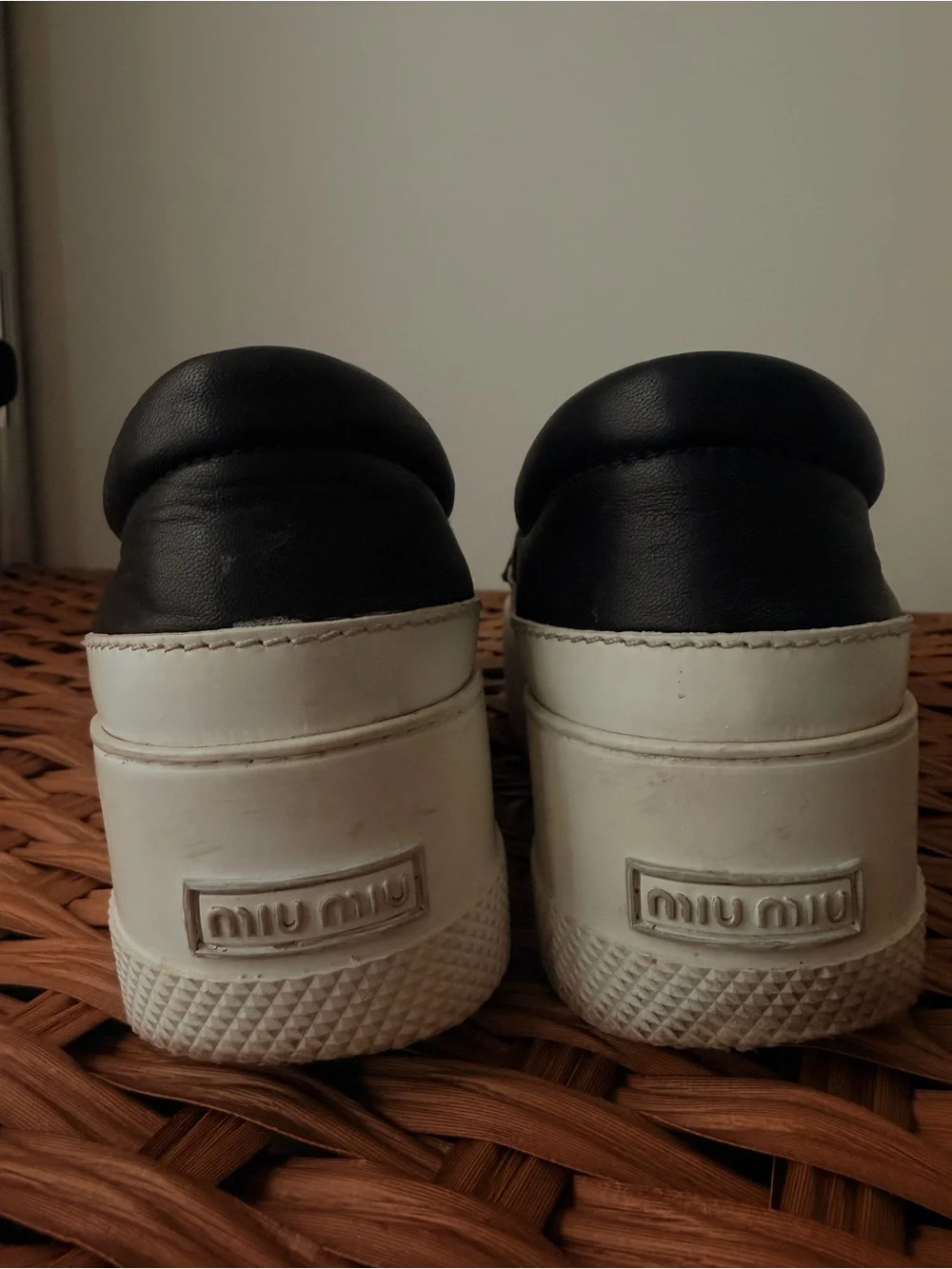 Miu Miu White and Black Slip-On Platform Sneakers with Red Patch